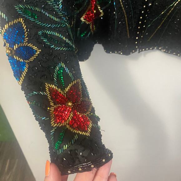 Scala Vintage 100% Silk Beaded Sequined Embellished Evening Jacket Size XL** - Picture 3 of 12